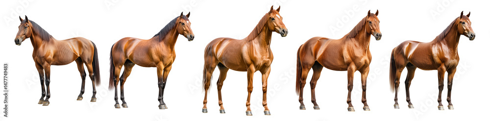 Obraz premium Beautiful Brown Horses Standing in a Row on a Transparent Background, Isolated on Transparent, white background