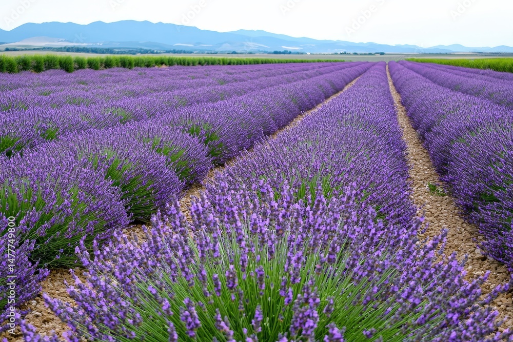Obraz premium Lavender Fields in Bloom with Scenic Mountain Landscape in Background