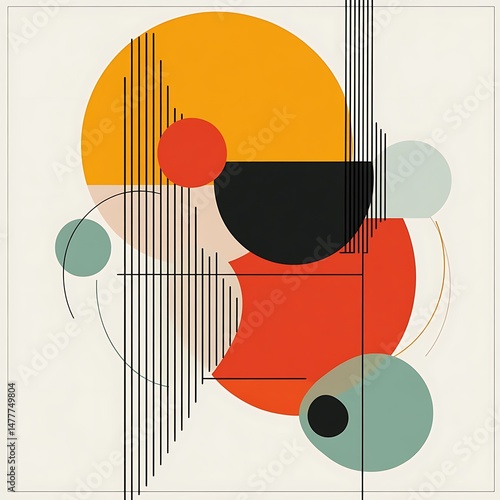 Geometric Abstract Art: A vibrant and dynamic abstract artwork featuring overlapping circles, geometric lines, and bold color combinations.