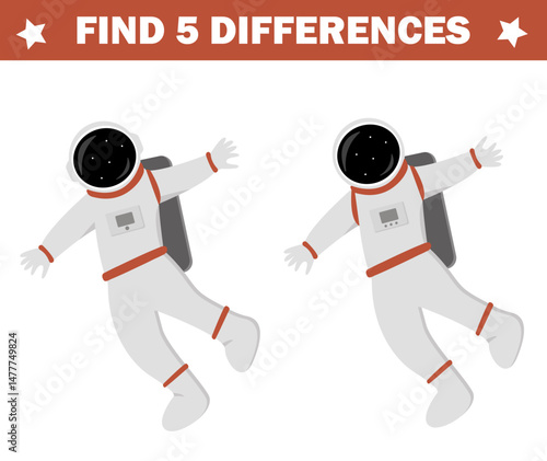 Find 5 differences. Game for kids. Print activity page. Astronaut a space suit. Visual puzzle for children. Easy entertainment.