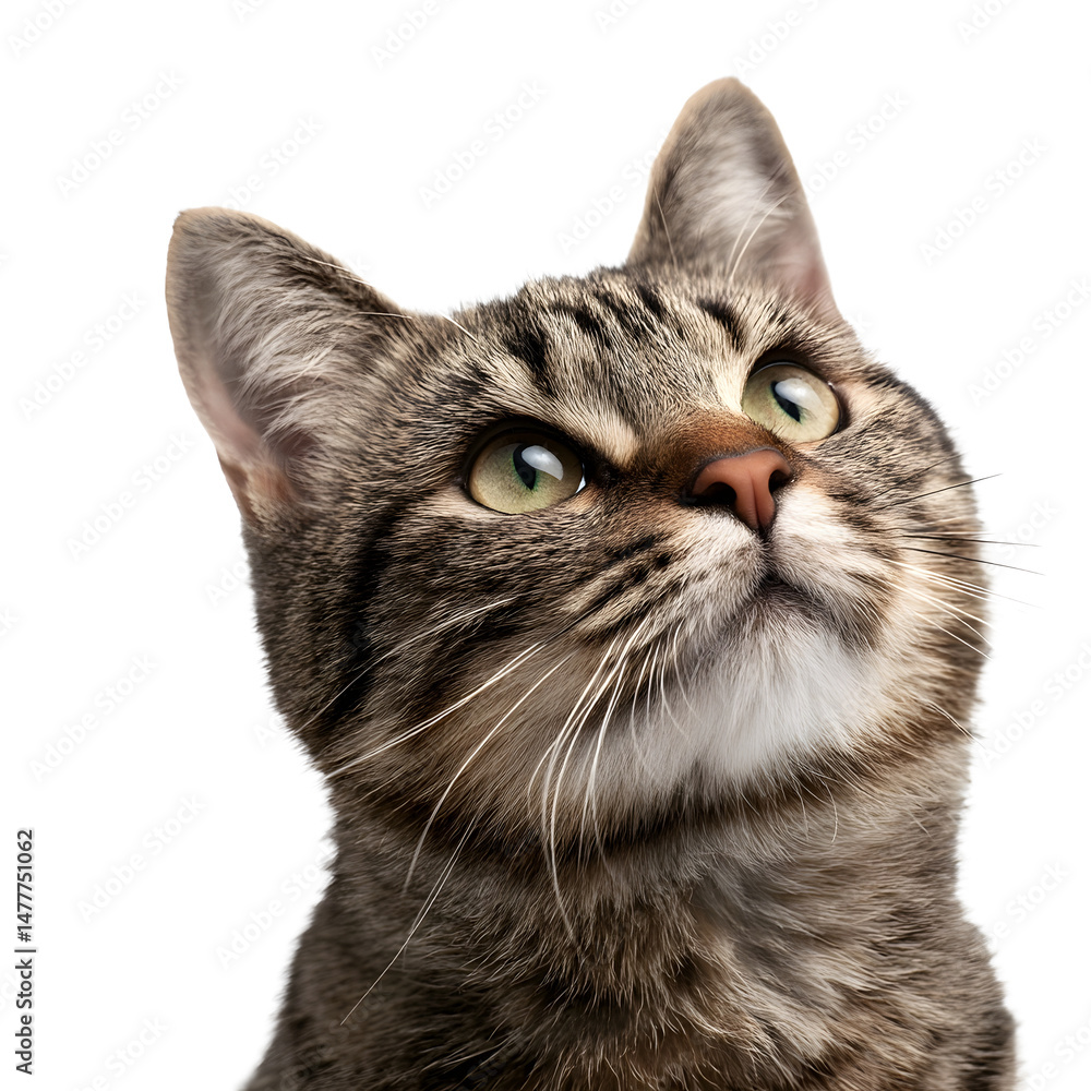 Fototapeta premium Close up portrait of a domestic tabby cat with a curious expression isolated on a white background