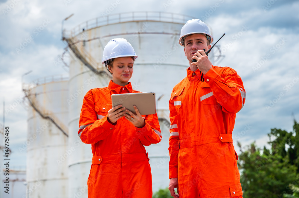 Male and female refinery oil engineers working in petrochemical plant Male and female refinery oil engineers working in petrochemical plant