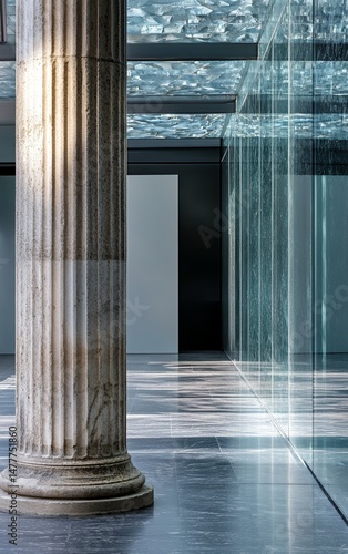 Modern architectural interior featuring pillars and glass elements in a bright urban setting with reflective surfaces
