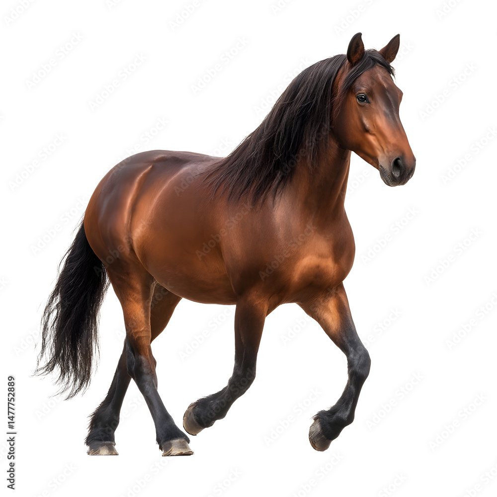 Naklejka premium A powerful and graceful brown stallion confidently walking through a natural outdoor setting showcasing its strength intelligence and beauty