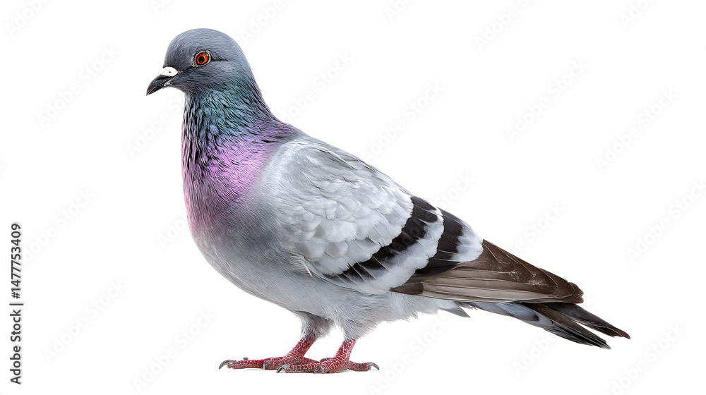 Naklejka premium A detailed close up image of a beautiful pigeon with a gray brown and purple plumage perched and looking directly at the