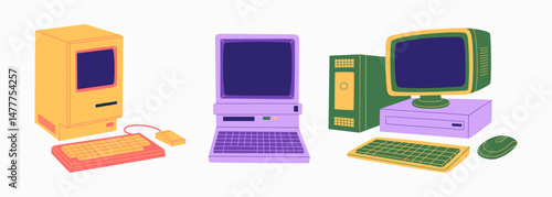 Set of retro computers. Vintage electronic equipment with monitor and keyboard. Hand drawn vector illustration isolated on white background. Modern flat cartoon style.