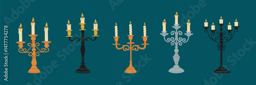 Set of candelabra. Collection of vintage candlesticks with burning candles. Retro candle holders for decor and lighting. Hand drawn vector illustration isolated on blue background, flat cartoon style