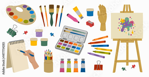 Set of painting tools. Easel, canvas, paints, brushes, sketchbook, mannequin hand, paints palettes, crayons, pencils. Hand drawn vector illustration isolated on white background, flat cartoon style.
