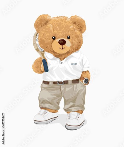 cute bear doll in classic tennis fashion style vector illustration