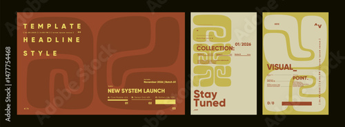 Retro-futuristic visual layout with maze-like grid elements and bold modular typography for system update and tech event templates.