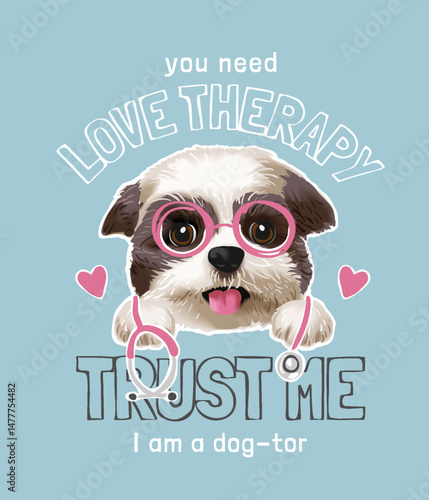 love slogan with cute little puppy with stethoscope vector illustration
