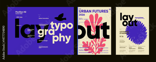 Vibrant poster series with bold black and purple typography, structured grid layouts, and strong contrast on both dark and light backgrounds.