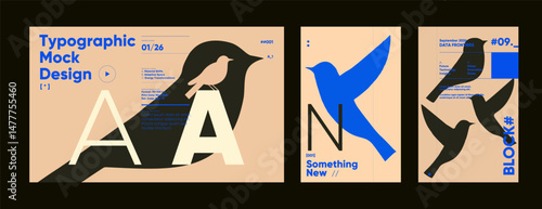 Minimalist typographic posters with bird silhouettes, bold initials, and strong blue and black accents used in modern editorial compositions.