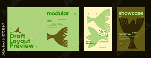 Bird-themed editorial posters in soft green palettes using geometric symmetry, bold layout blocks, and minimal text for modular visual concepts.