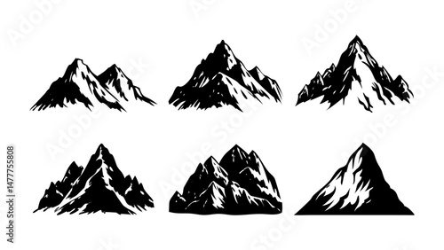 Black Mountain Silhouette Icons Set – Vector Snowy Peaks Collection for Logo and icon Design