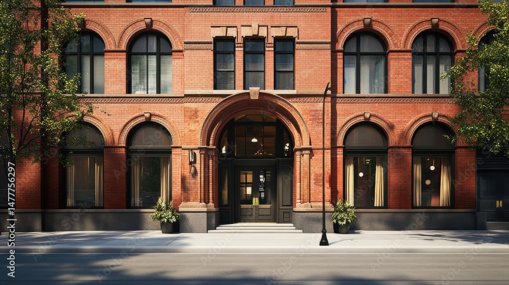 Obraz premium Elegant Brick Building Entrance with Archway and Large Windows