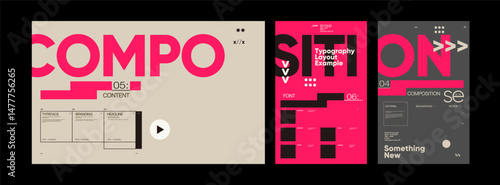 Experimental typographic design featuring split words, asymmetric layout, vibrant palette, and modular blocks. Creative editorial-style composition.