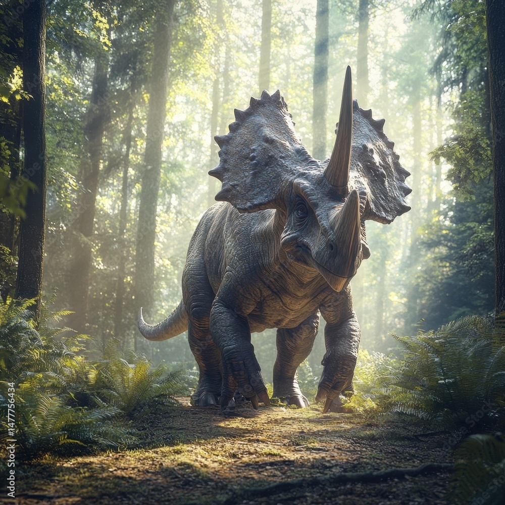 Fototapeta premium A majestic Triceratops roams a dense, misty forest with sunlight streaming through the trees.