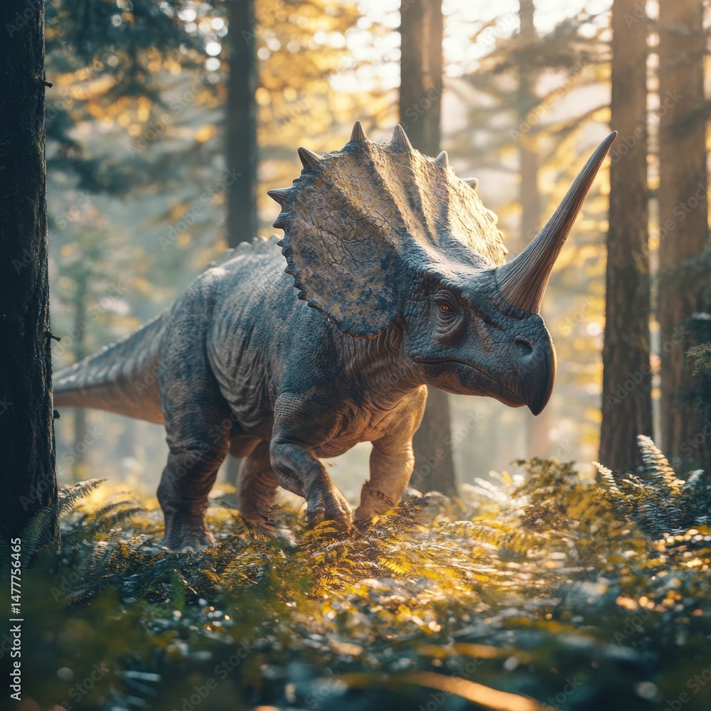 Fototapeta premium Majestic triceratops in a sunlit forest, surrounded by ferns and towering trees.