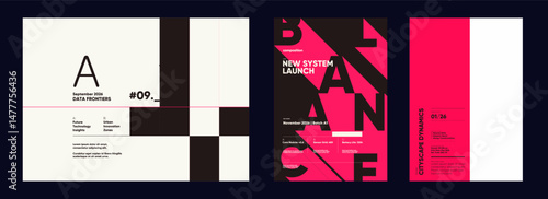 Dynamic black and red typographic layout with fragmented letters and blocks, using layering and contrast for a striking editorial composition.