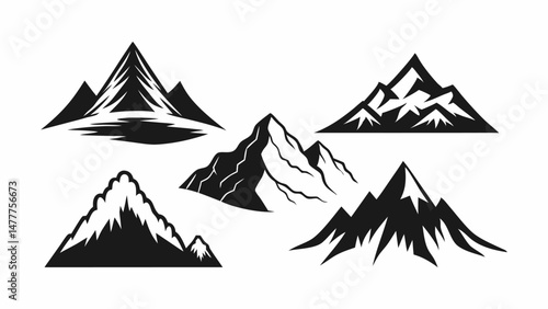 Black Mountain Silhouette Icons Set – Vector Snowy Peaks Collection for Logo and icon Design