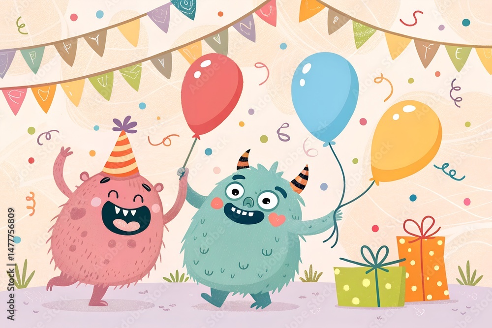 Obraz premium Adorable monster friends celebrating a joyous birthday party with balloons confetti and colorful gift boxes under festive bunting banners