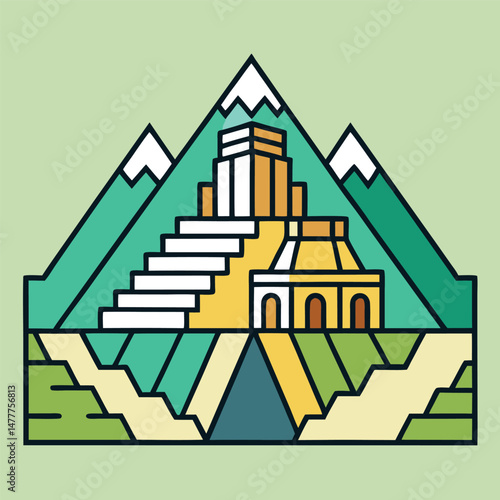 Colorful stylized illustration of an ancient Mayan temple nestled in the mountains.