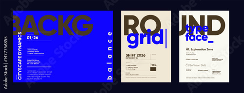 Typographic layout combining oversized text with modular alignment and microtext elements. Futuristic and clean composition for graphic templates.