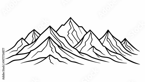 Minimalist Mountain Range Line Art – Black and White Tattoo Style Mountain Illustration on White Background