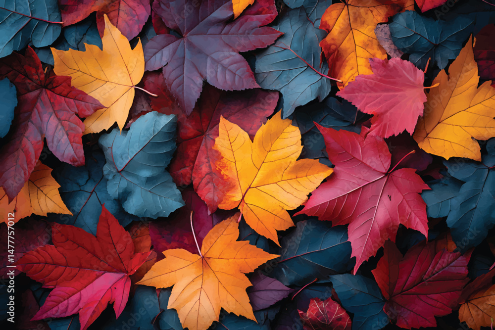 Multicolored maple leaves create an abstract pattern, showcasing a diverse spectrum of fall foliage textures Multicolored maple leaves create an abstract pattern, showcasing a diverse spectrum of fall foliage textures