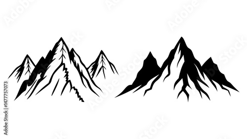 Hand-Drawn Mountain Outline Icon Set – Minimal Line Art Peaks for Vector Designs