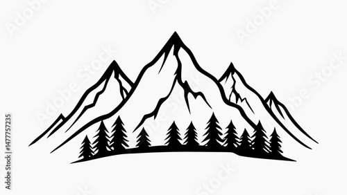 Minimalist Mountain Range Line Art – Black and White Tattoo Style Mountain Illustration on White Background