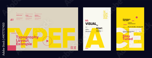 Creative poster triptych using modular fonts, editorial alignment, and bold sans-serif. Vibrant and high-contrast layouts emphasize structure.