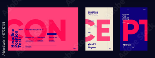 Bold typographic posters using playful positioning, color blocking, and cropped lettering. Creative experimental layouts with high contrast.