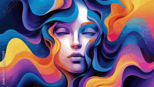 Abstract female face with colorful flowing hair and serene expression on vibrant background