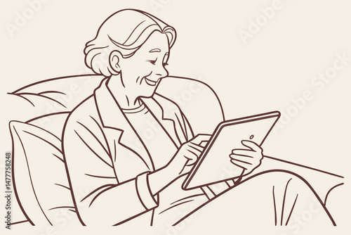 Sketch style doodle of Happy old mature mid age senior woman using digital tablet looking at computer virtual calling having online meeting, watching tv, reading e book spending time with tech device 
