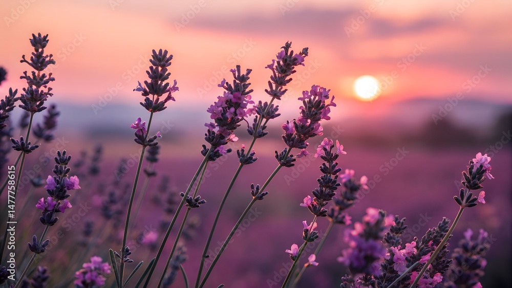 Obraz premium Beautiful field of blooming lavender flowers at sunset with a vibrant orange and purple sky a symbol of tranquility