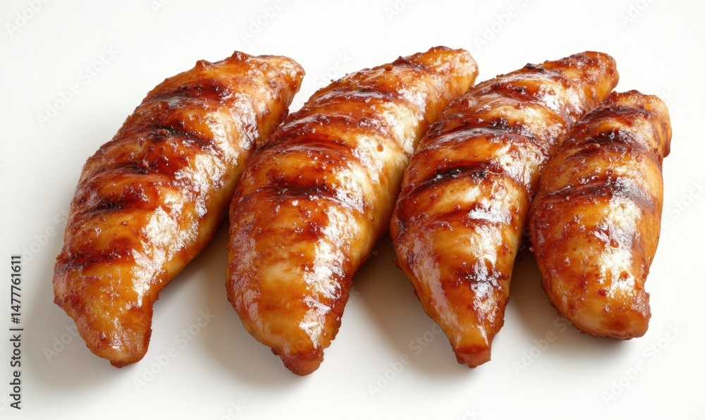 Grilled chicken tenders, close-up, food photography, white background, meal preparation Grilled chicken tenders, close-up, food photography, white background, meal preparation