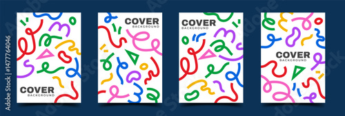 Set of cover banner template with colorful scribble line pattern.