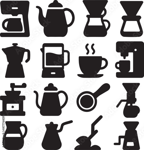Coffee equipment set silhouette icon design vector art illustration