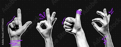 Halftone hands collection. Halftone hands show different gestures, okay, thumb up. Stylish halftone collage design elements. Hand gestures in pop art style. Vector