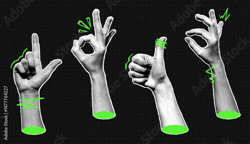 Halftone hands collection. Halftone hands show different gestures, okay, thumb up. Stylish halftone collage design elements. Hand gestures in pop art style. Vector
