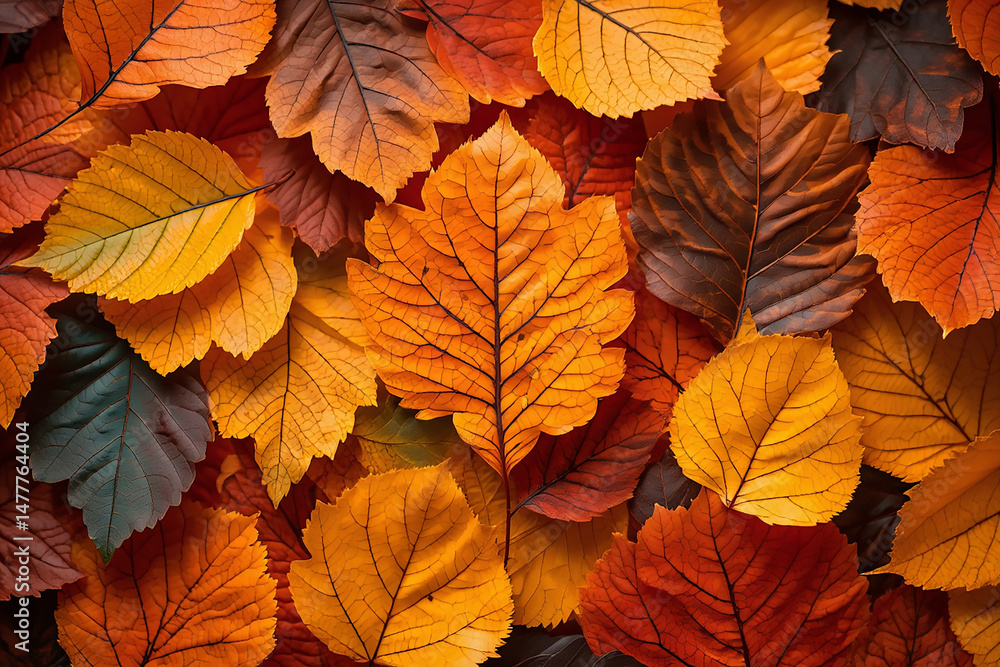 Obraz premium Vibrant autumn leaves arrangement showcasing warm colors and natural textures abstract background