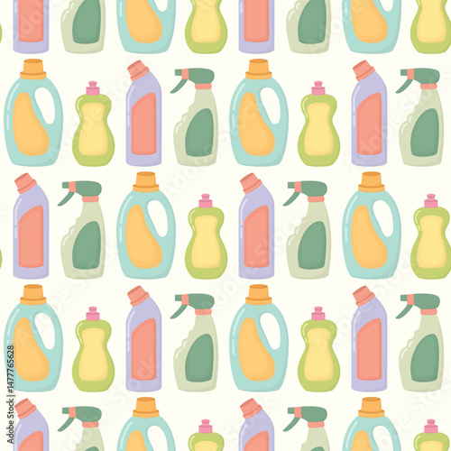 Seamles pattern with cleaning products. Background with bright detergent bottles