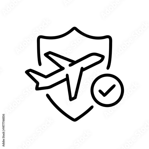 Airplane icon with shield and checkmark representing travel insurance  