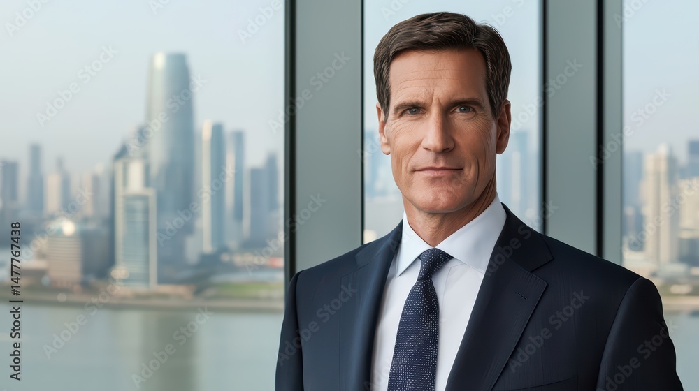 Professional businessman standing confidently in modern office overlooking a city skyline with skyscrapers Professional businessman standing confidently in modern office overlooking a city skyline with skyscrapers