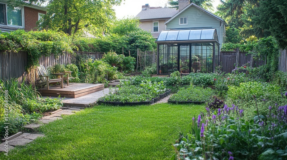 Naklejka premium Serene Backyard Oasis: Garden, Greenhouse, and Patio