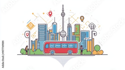 City bus tour. Urban bus excursion, tourists with cityscape and map smartphone app. Tourism and transportation vector line concept illustration , no logos, no brands