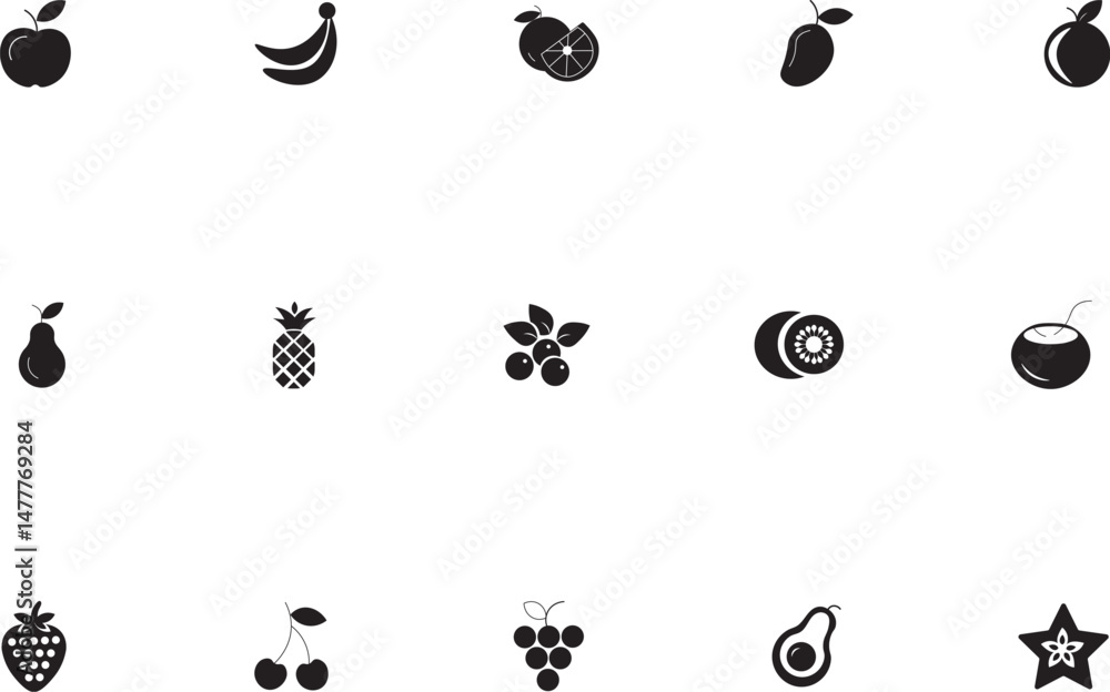 Fototapeta premium Flat & Outline Fruit Icon set. Fruit berry food black silhouette icon vector set