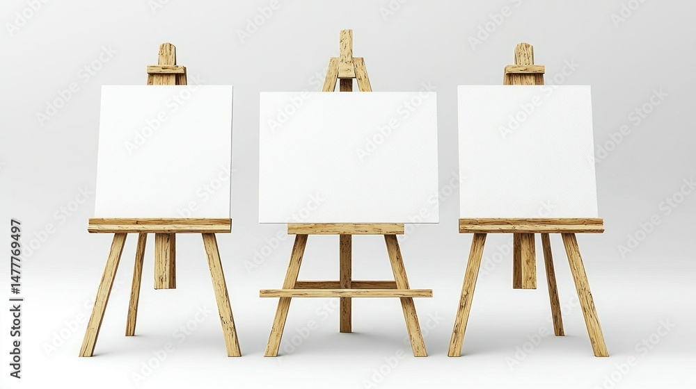 Three blank canvases atop wooden easels Three blank canvases atop wooden easels